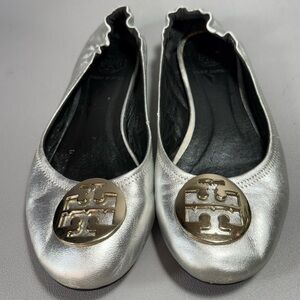 Tory Burch Reva Silver Metallic Ballet Flats with Gold-Tone Emblem